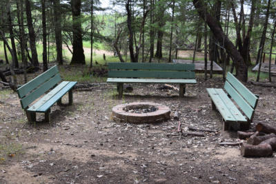 Madrone campsite fire ring an bench seating.