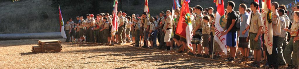 Scouts assembled for flags at Redwood Grove.